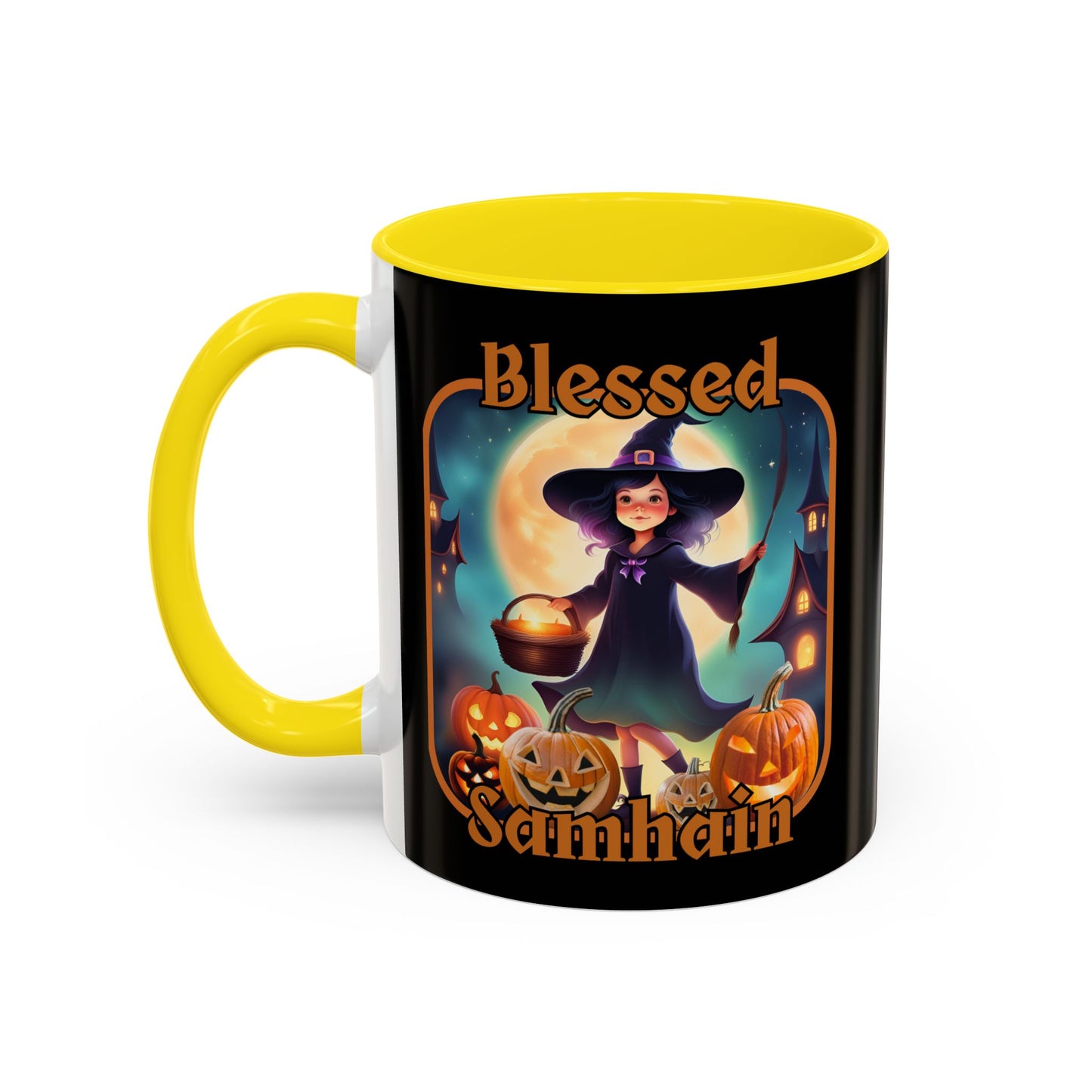 Blessed Samhain Little Witch Orange font Black Accent Mug by CreepyCrafts.boo