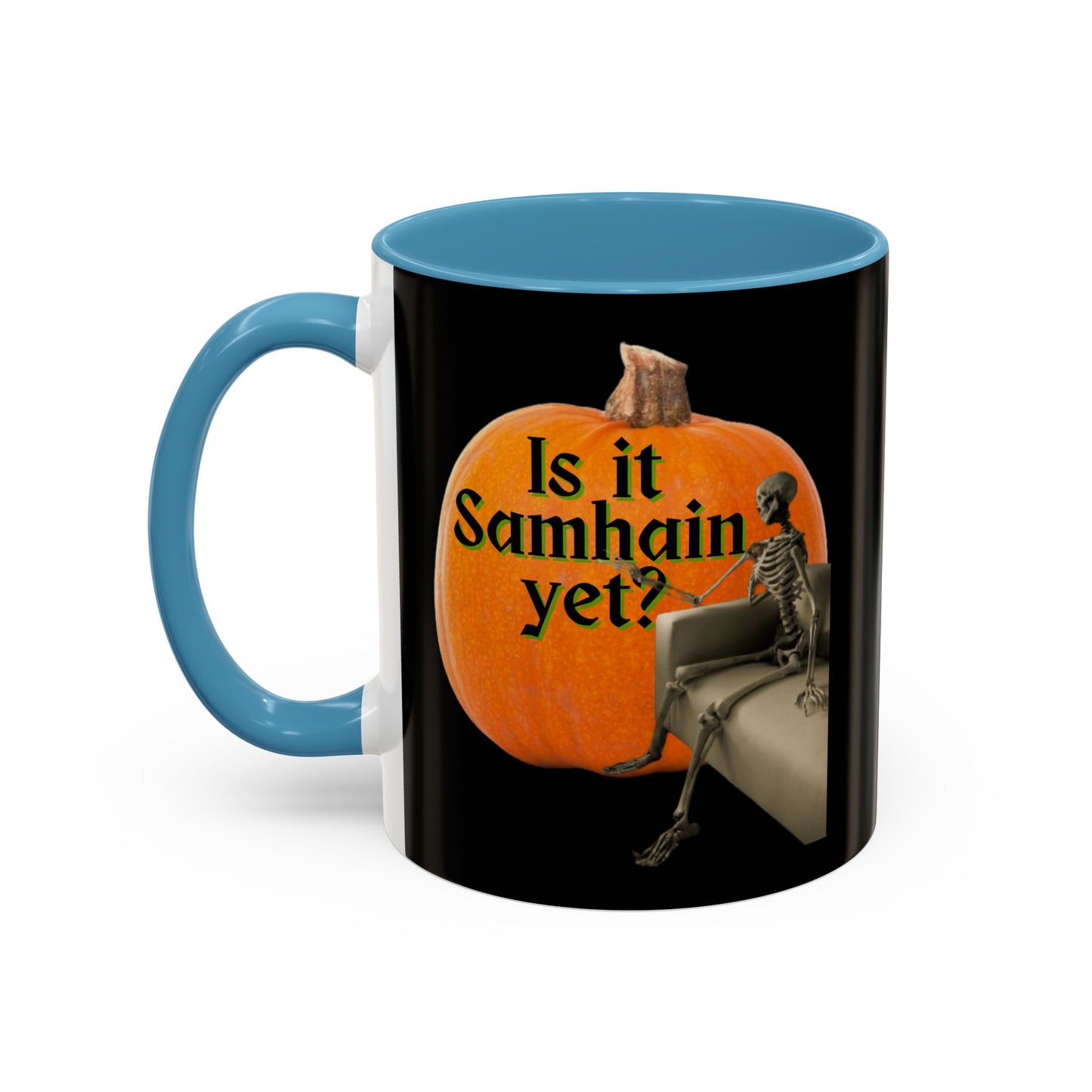Is It Samhain Yet? Skeleton's Giant Pumpkin Black Accent Mug by CreepyCrafts.boo