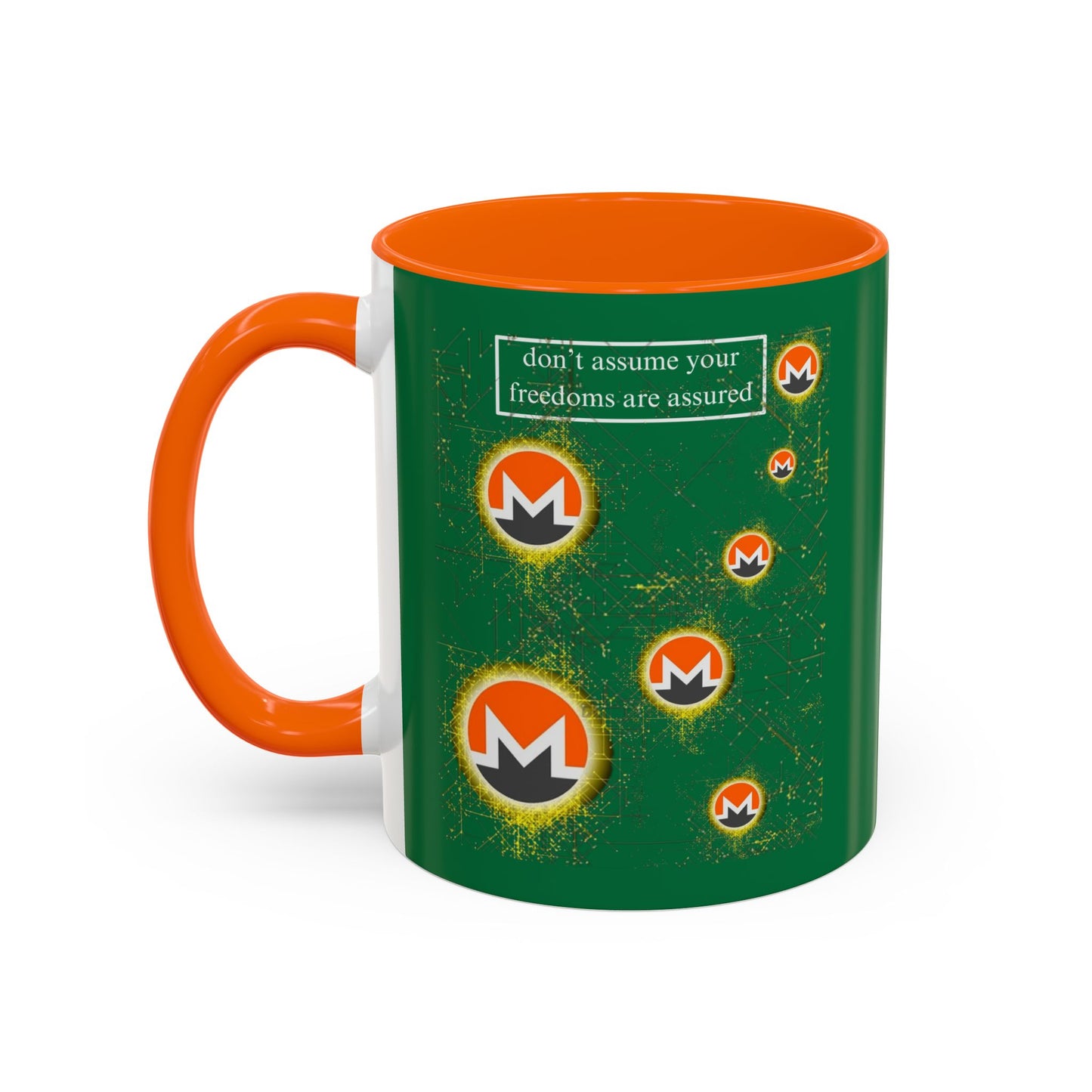 Monero (XMR) don't assume your freedoms are assured Green Accent Mug by cypherpunkgear.com