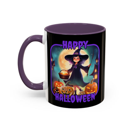Happy Halloween Little Witch Purple font Black Accent Mug by CreepyCrafts.boo