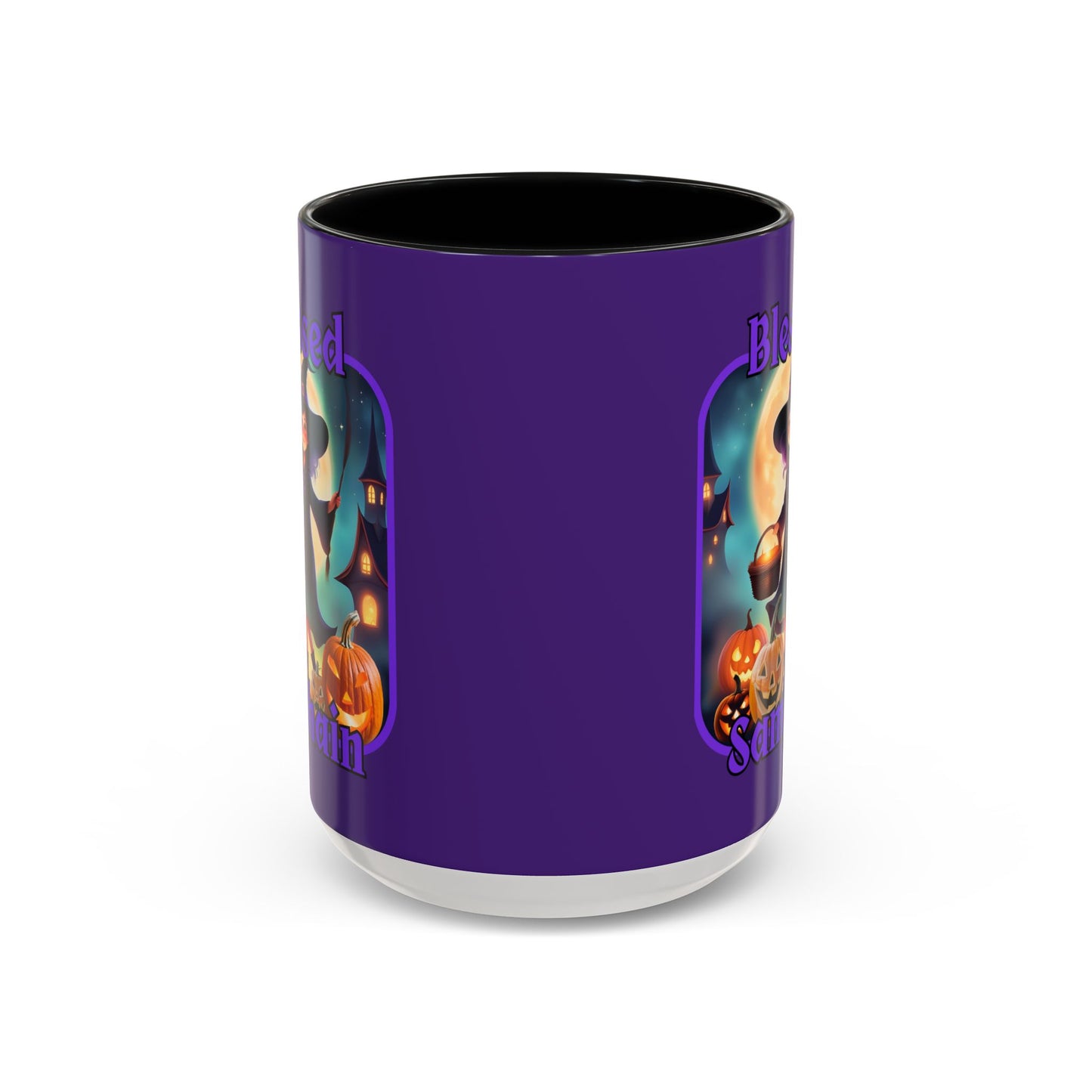 Blessed Samhain Little Witch Purple font Purple Accent Mug by CreepyCrafts.boo
