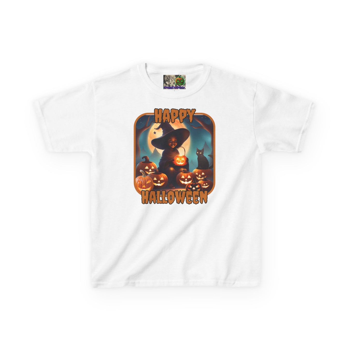 Happy Halloween Cute Witch Orange font Kids Heavy Cotton™ Tee by CreepyCrafts.boo