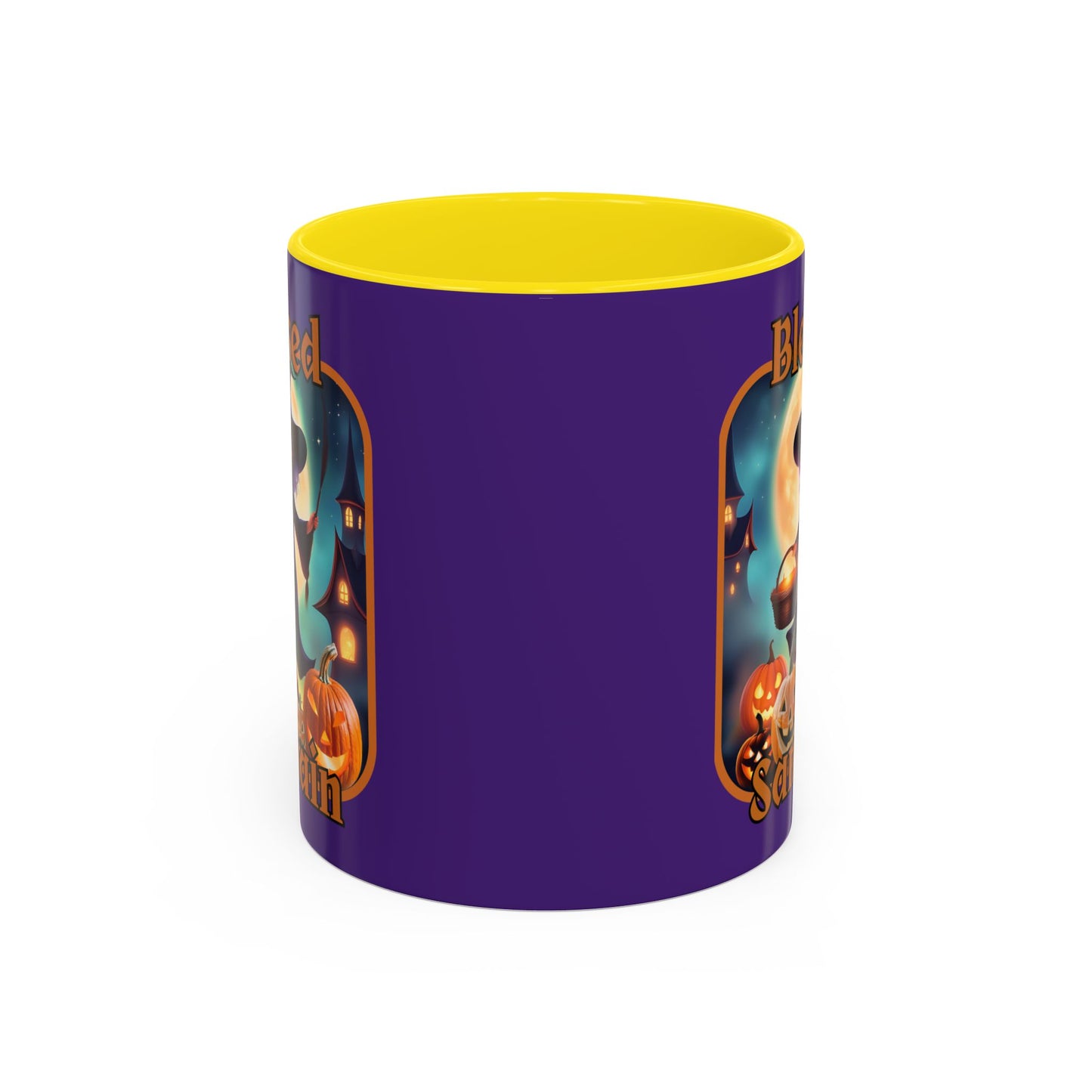 Blessed Samhain Little Witch Orange font Purple Accent Mug by CreepyCrafts.boo