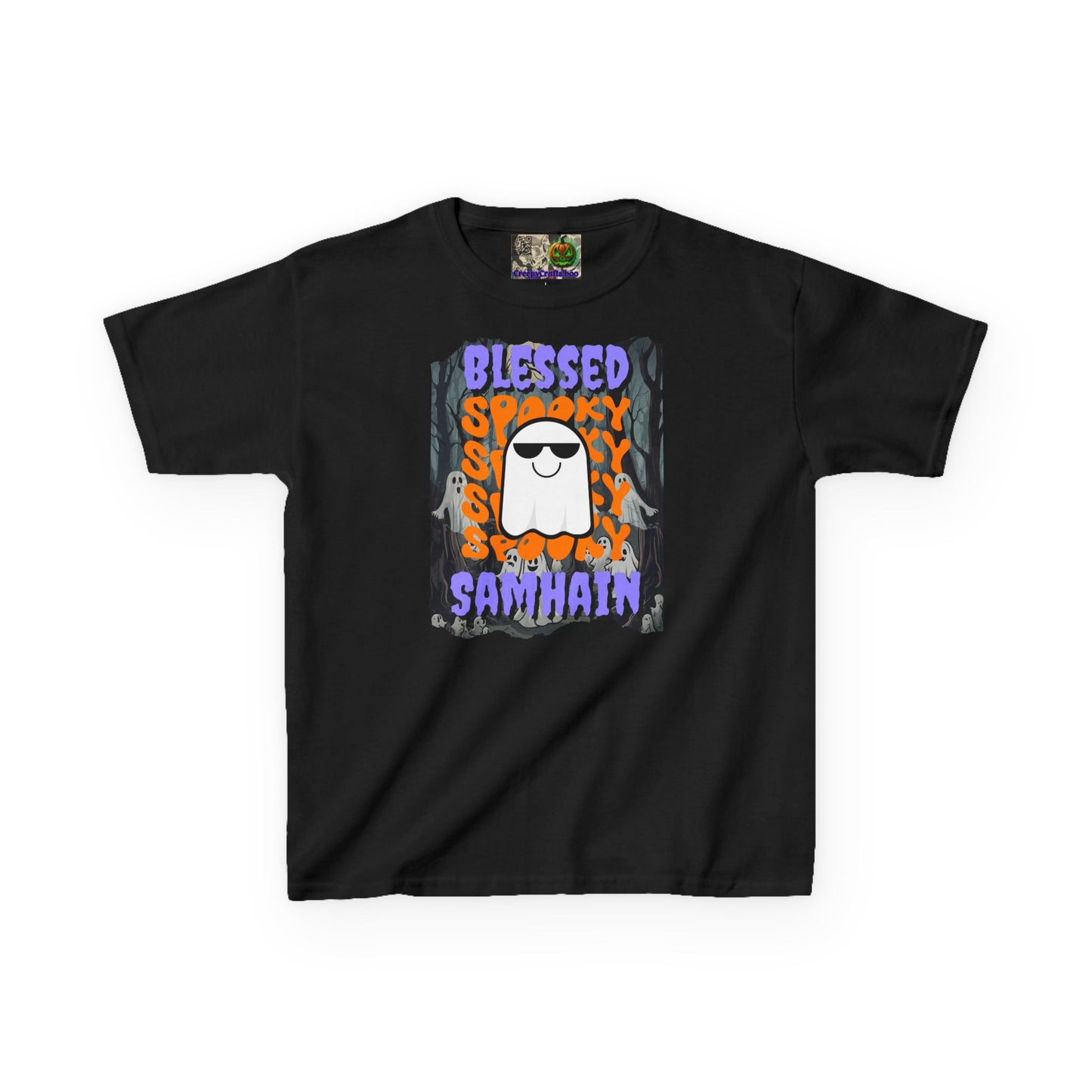 Spooky Blessed Samhain Ghost Purple font Kids Heavy Cotton™ Tee by CreepyCrafts.boo