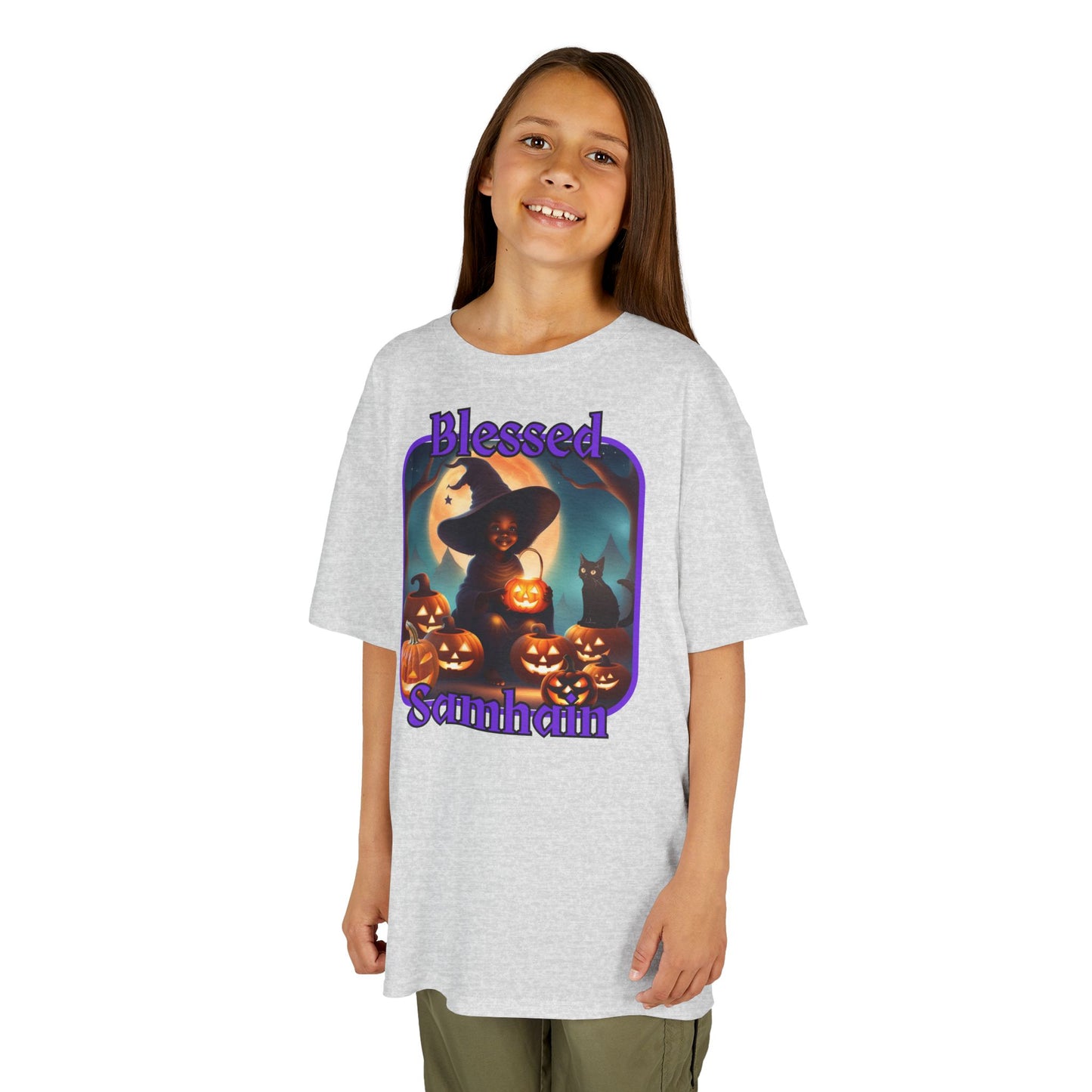 Blessed Samhain Cute Witch Purple font Kids Heavy Cotton™ Tee by CreepyCrafts.boo