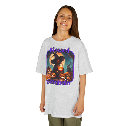 Blessed Samhain Cute Witch Purple font Kids Heavy Cotton™ Tee by CreepyCrafts.boo