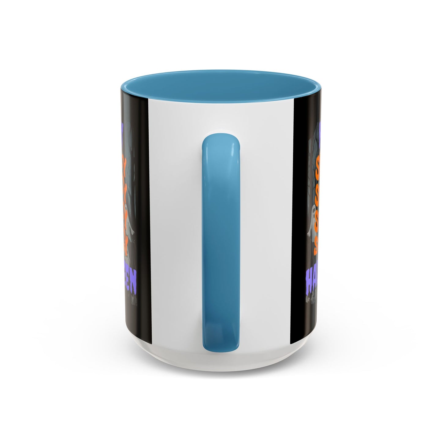 Spooky Happy Halloween Ghost Purple font Black Accent Mug by CreepyCrafts.boo