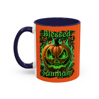 Blessed Samhain Green Jack Orange Accent Mug by CreepyCrafts.boo