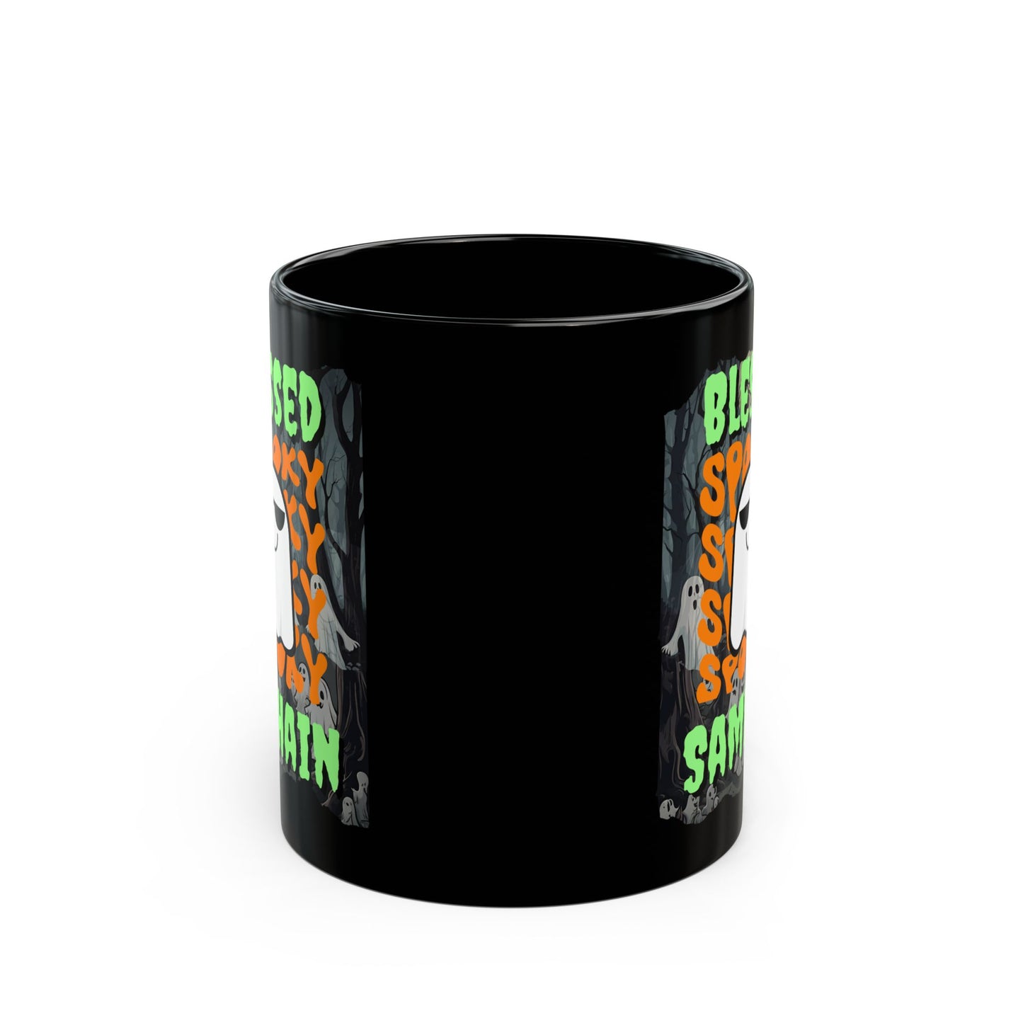 Spooky Blessed Samhain Ghost Green font Black Mug by CreepyCrafts.boo