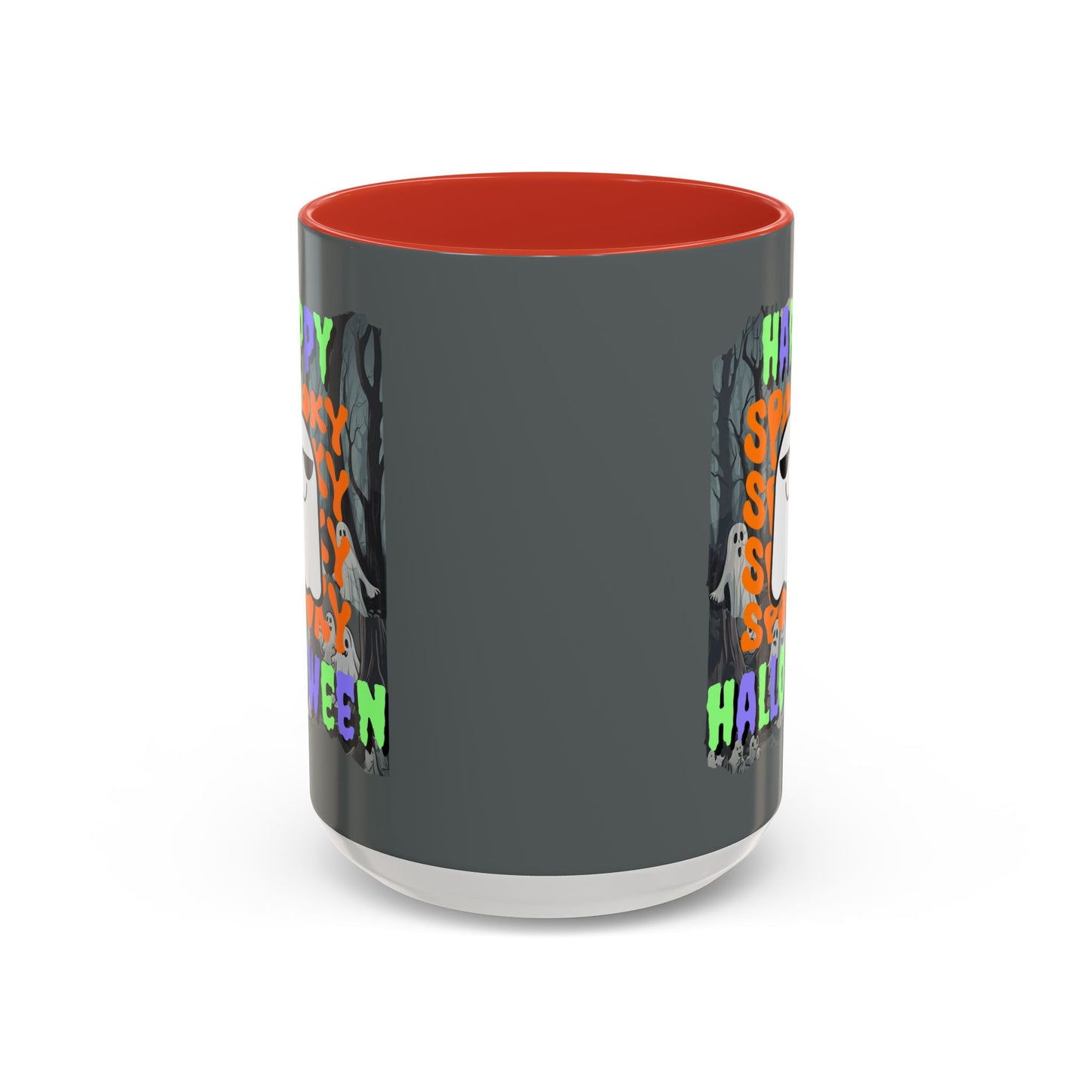 Spooky Happy Halloween Ghost Mixed font Grey Accent Mug by CreepyCrafts.boo
