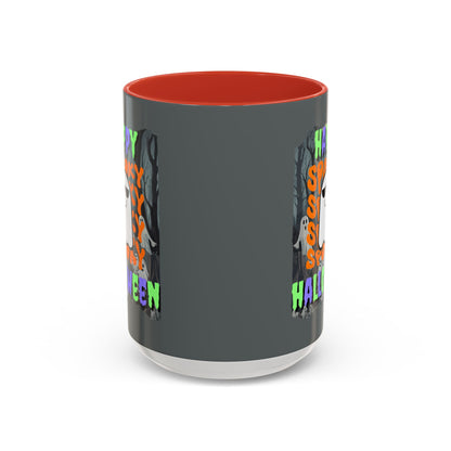 Spooky Happy Halloween Ghost Mixed font Grey Accent Mug by CreepyCrafts.boo