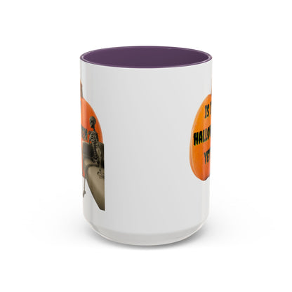 Is it Halloween yet? Skeleton's Giant Pumpkin White Accent Mug by CreepyCrafts.boo