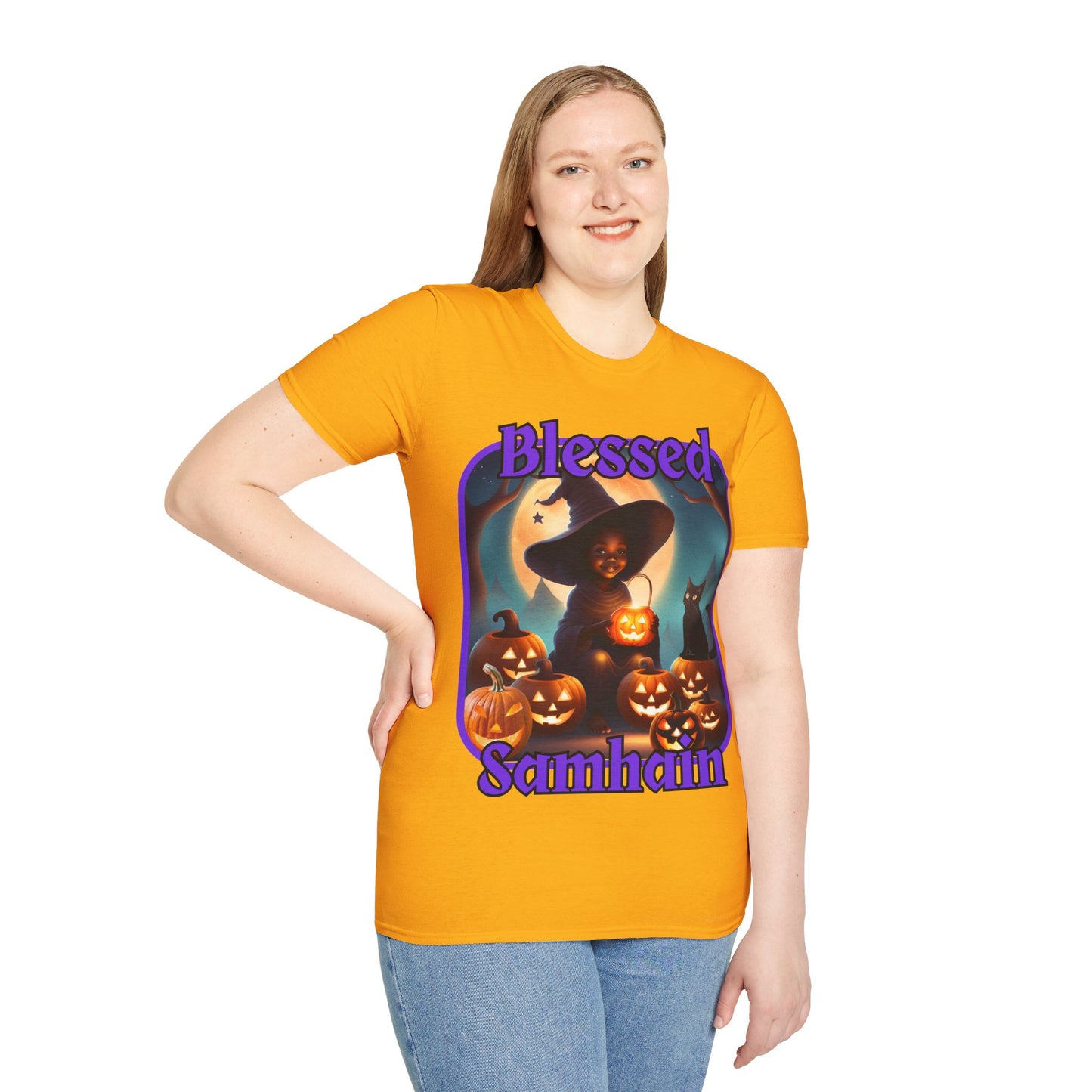 Blessed Samhain Cute Witch Purple font Light colors Unisex T-Shirt by CreepyCrafts.boo
