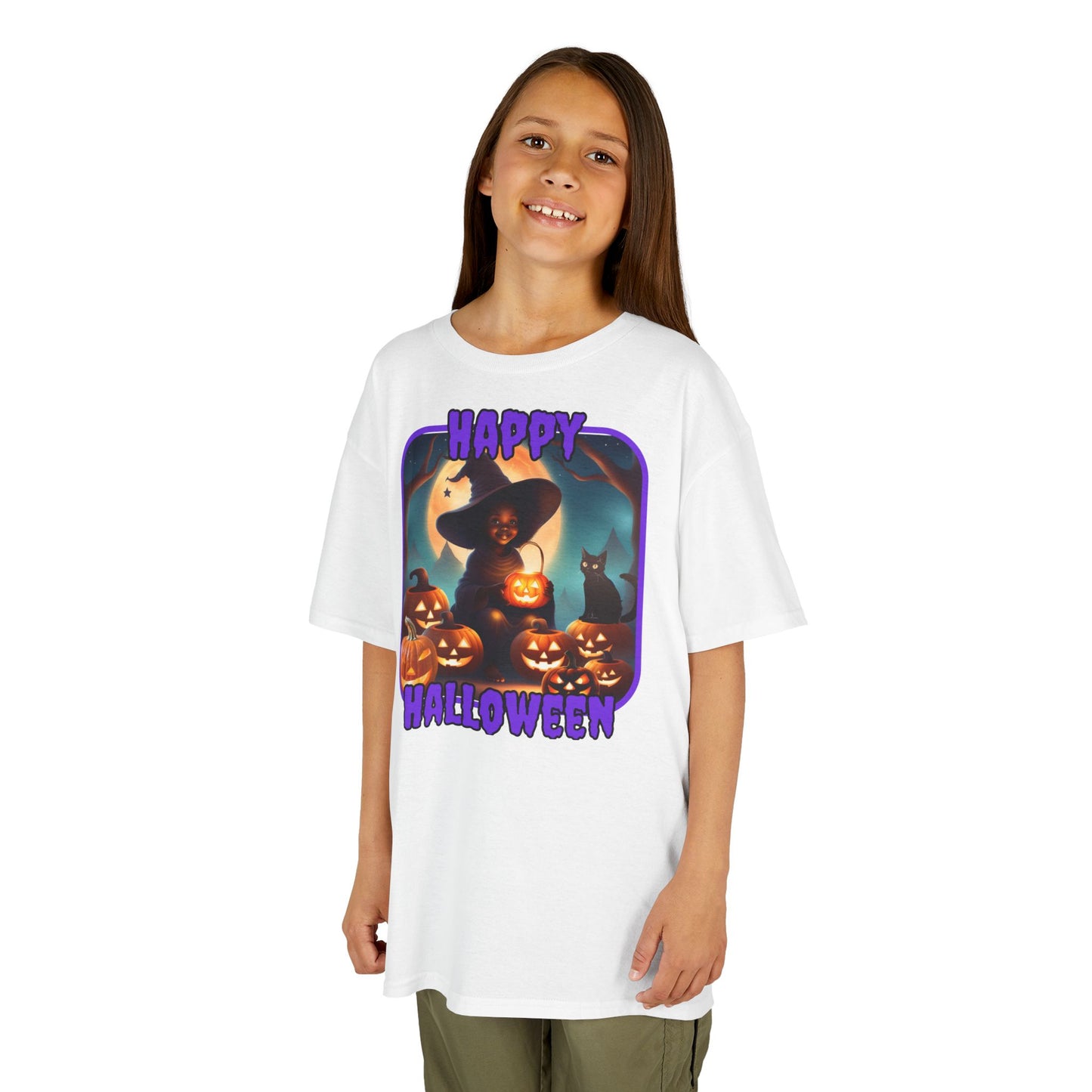 Happy Halloween Cute Witch Purple font Kids Heavy Cotton™ Tee by CreepyCrafts.boo