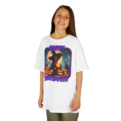 Happy Halloween Cute Witch Purple font Kids Heavy Cotton™ Tee by CreepyCrafts.boo