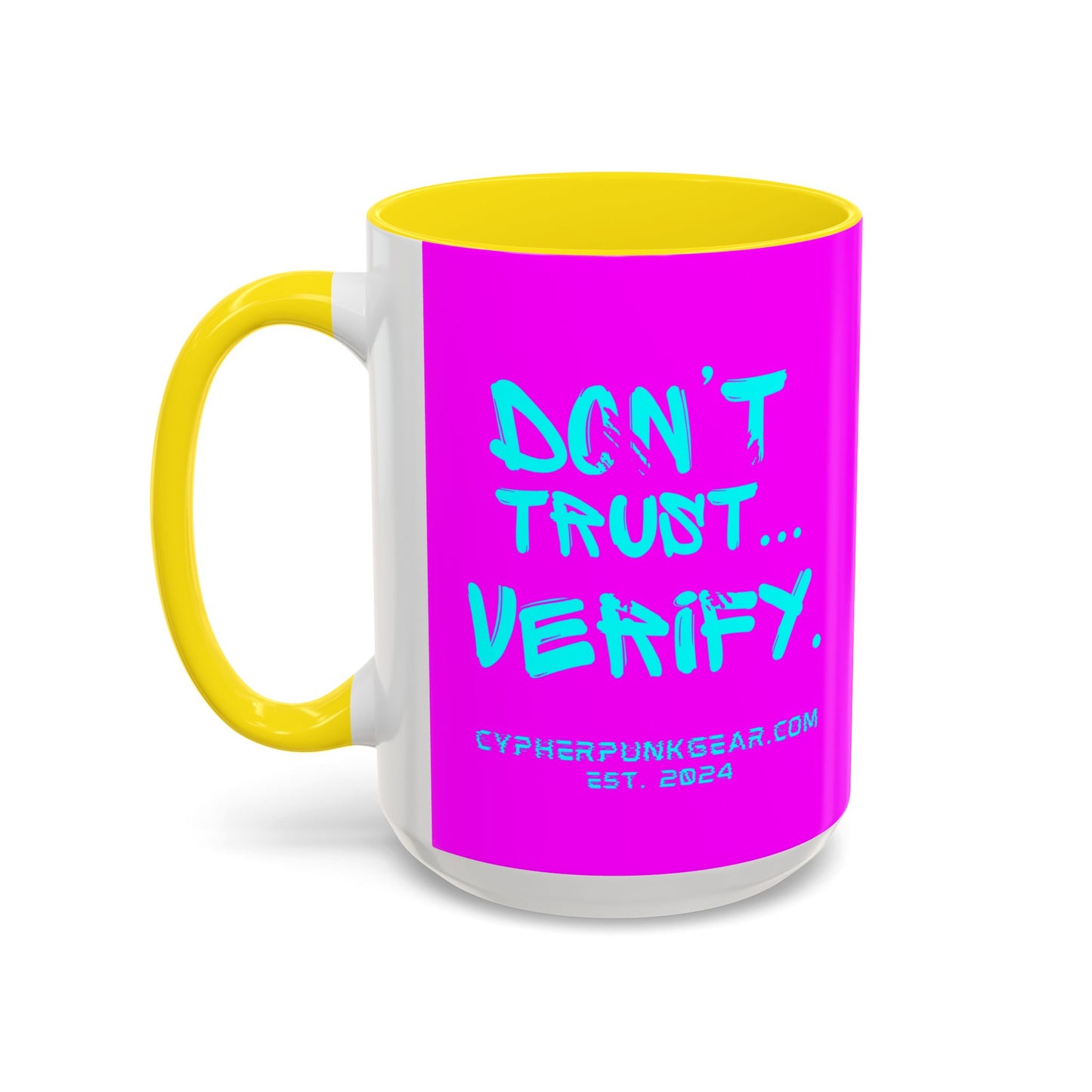 Don't Trust...Verify. Electric Magenta Accent Mug by cypherpunkgear.com
