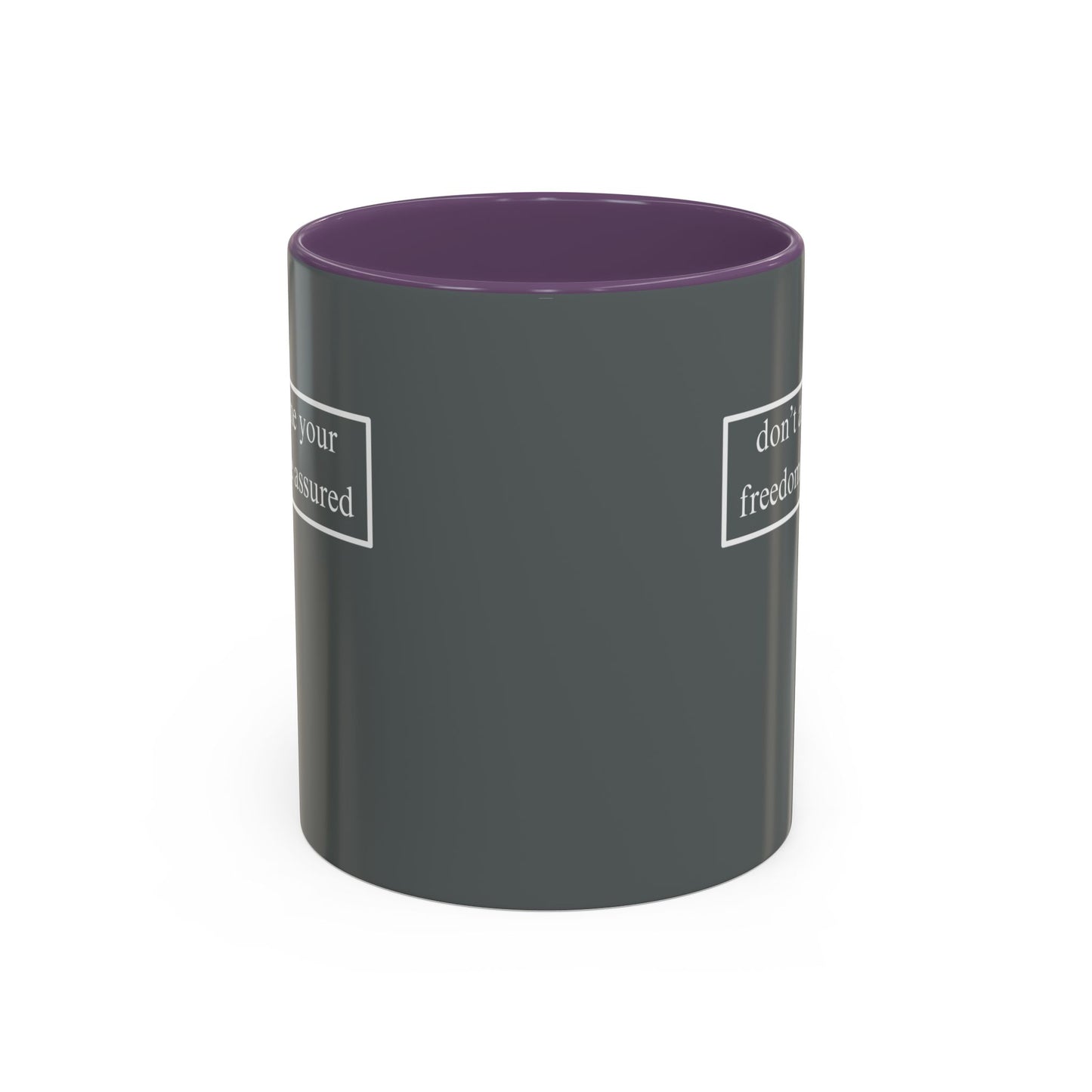 don't assume your freedoms are assured, White font, Grey Accent Mug by cypherpunkgear.com
