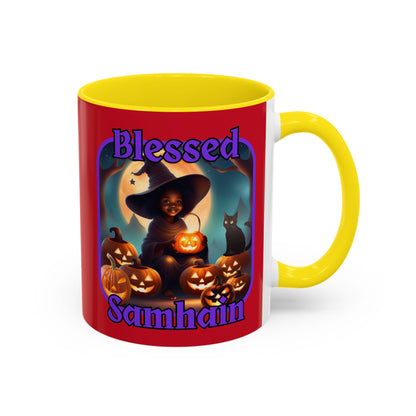 Blessed Samhain Cute Witch Purple font Red Accent Mug by CreepyCrafts.boo