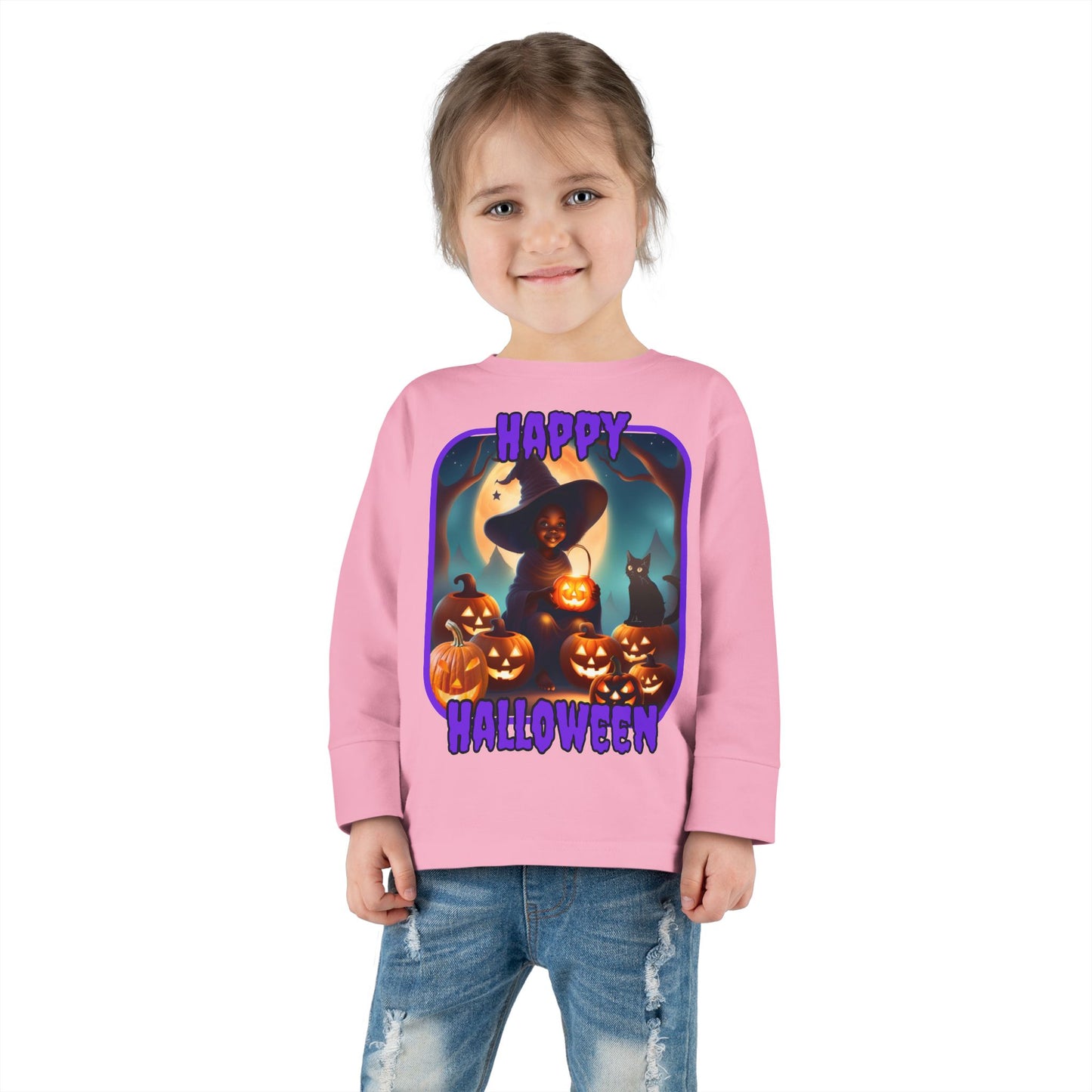 Happy Halloween Cute Witch Purple font Toddler Long Sleeve Tee by CreepyCrafts.boo