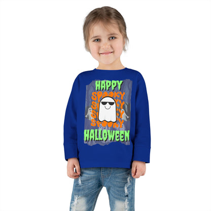Spooky Happy Halloween Ghost Green font Toddler Long Sleeve Tee by CreepyCrafts.boo