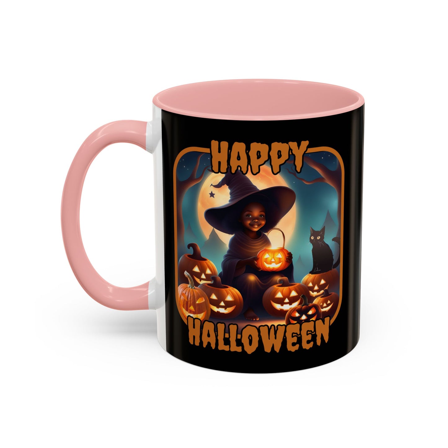 Happy Halloween Cute Witch Orange font Black Accent Mug by CreepyCrafts.boo