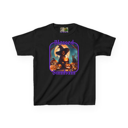 Blessed Samhain Cute Witch Purple font Kids Heavy Cotton™ Tee by CreepyCrafts.boo