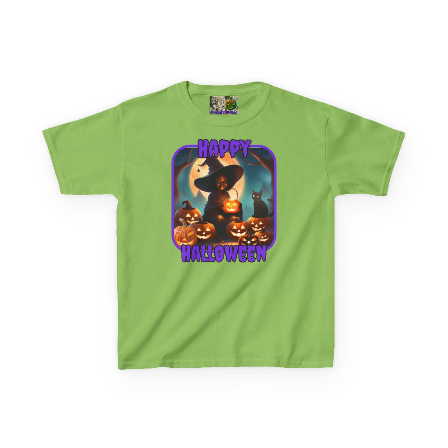 Happy Halloween Cute Witch Purple font Kids Heavy Cotton™ Tee by CreepyCrafts.boo