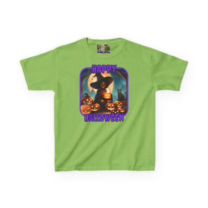 Happy Halloween Cute Witch Purple font Kids Heavy Cotton™ Tee by CreepyCrafts.boo