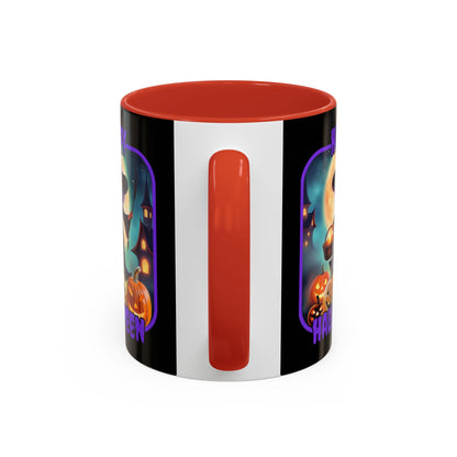 Happy Halloween Little Witch Purple font Black Accent Mug by CreepyCrafts.boo