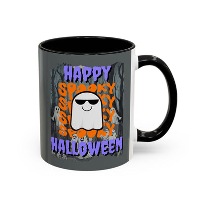 Spooky Happy Halloween Ghost Purple font Grey Accent Mug by CreepyCrafts.boo