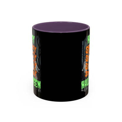 Spooky Happy Halloween Ghost Green font Black Accent Mug by CreepyCrafts.boo