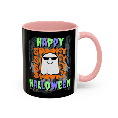 Spooky Happy Halloween Ghost Mixed font Black Accent Mug by CreepyCrafts.boo