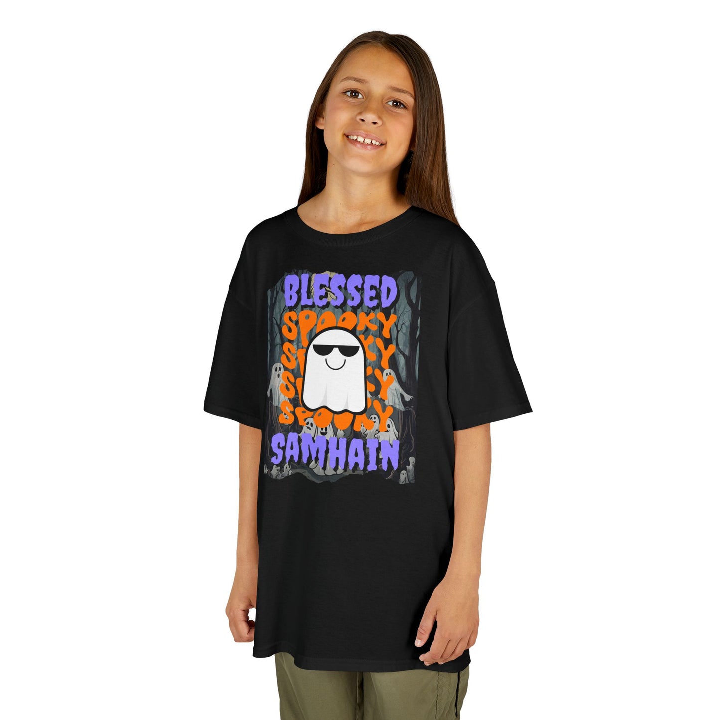 Spooky Blessed Samhain Ghost Purple font Kids Heavy Cotton™ Tee by CreepyCrafts.boo