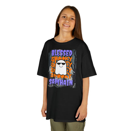 Spooky Blessed Samhain Ghost Purple font Kids Heavy Cotton™ Tee by CreepyCrafts.boo