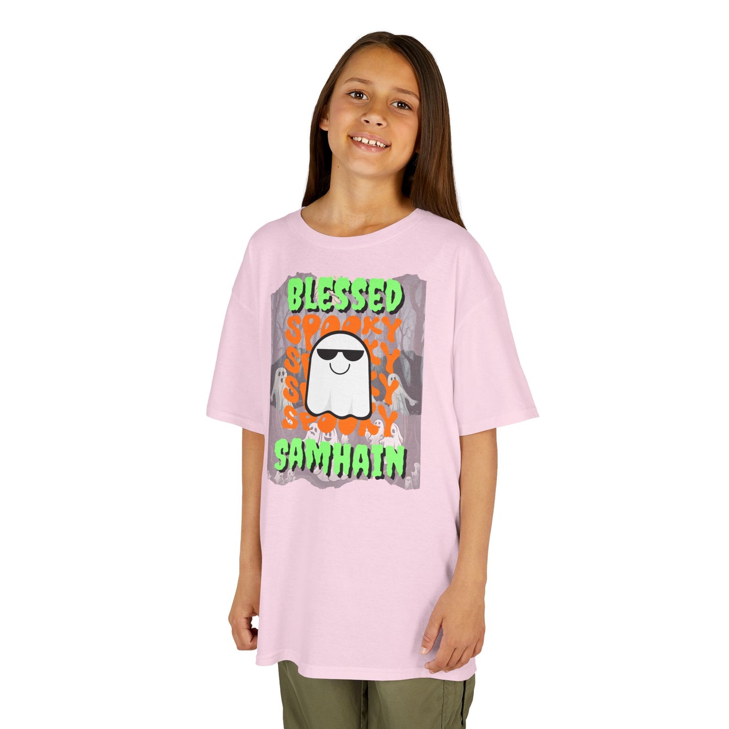 Spooky Blessed Samhain Ghost Green font Kids Heavy Cotton™ Tee by CreepyCrafts.boo