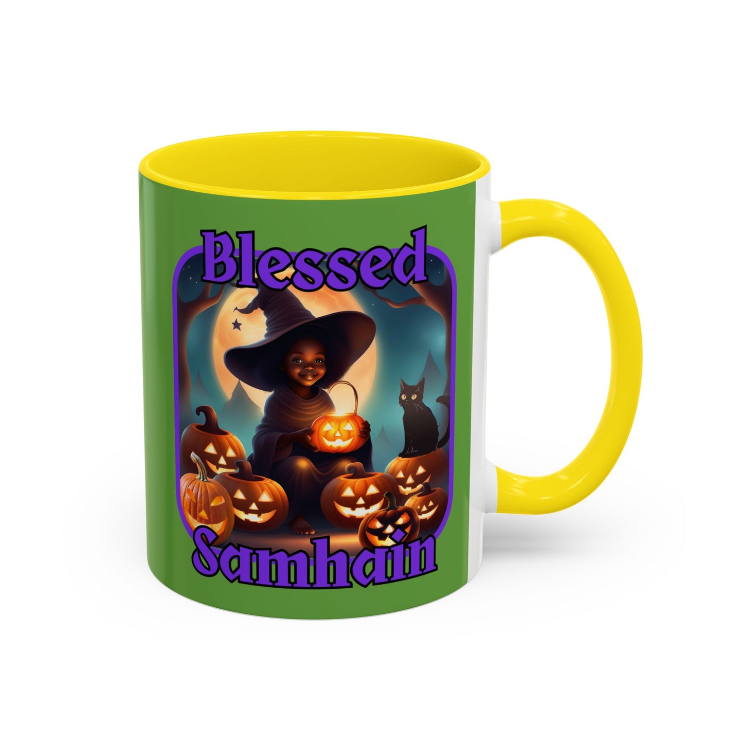 Blessed Samhain Cute Witch Purple font Green Accent Mug by CreepyCrafts.boo