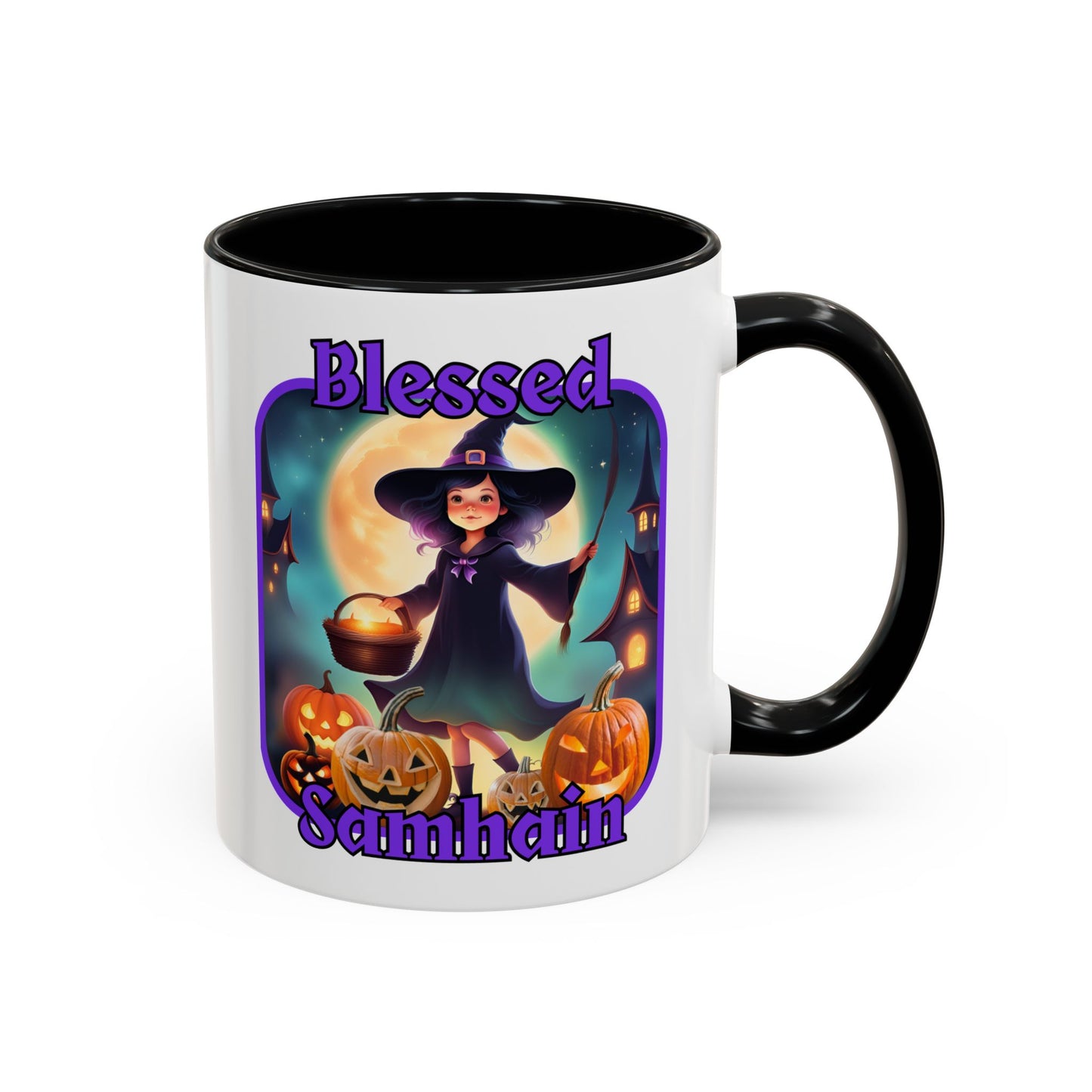 Blessed Samhain Little Witch Purple font White Accent Mug by CreepyCrafts.boo