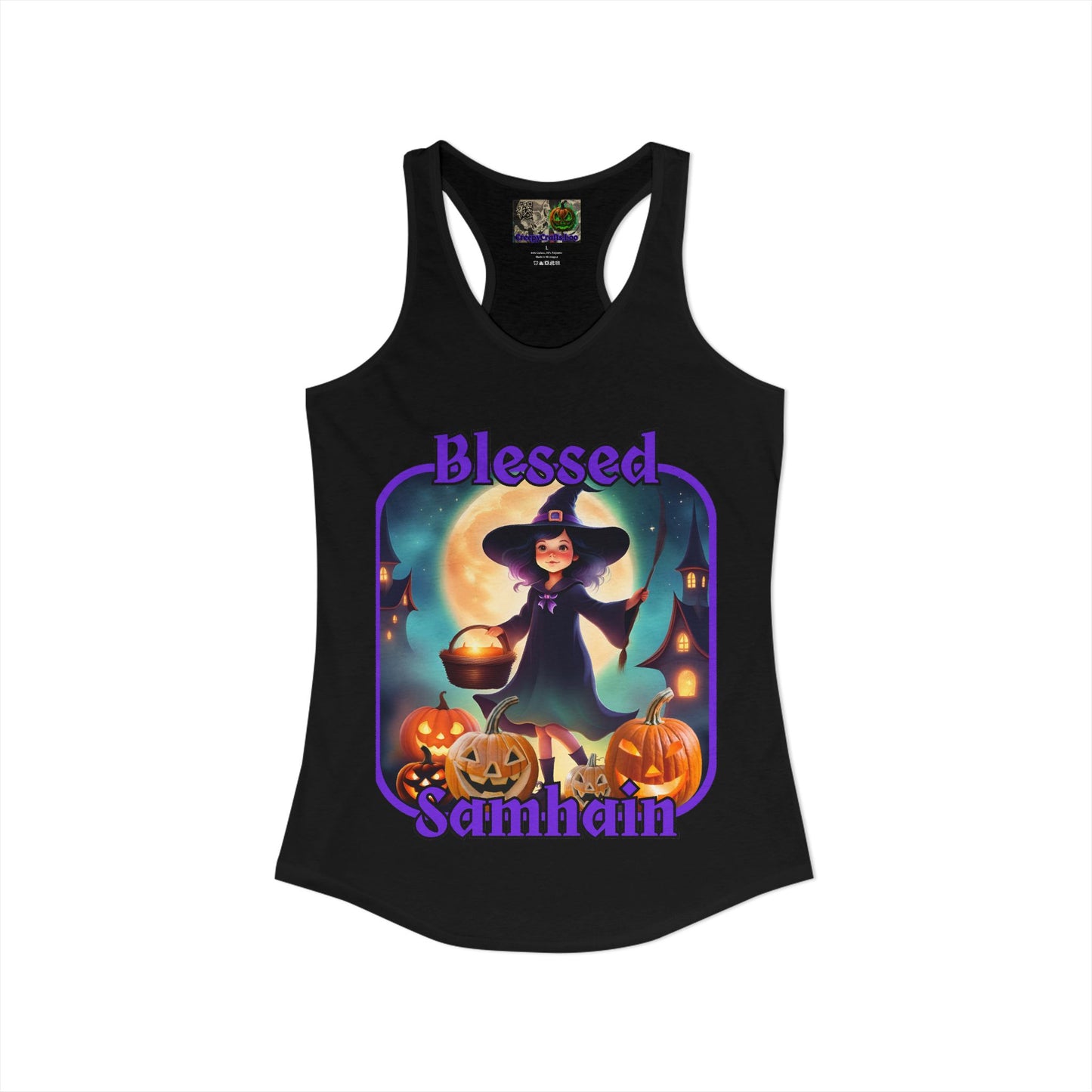 Blessed Samhain Little Witch Purple font Women's Racerback Tank Top by CreepyCrafts.boo