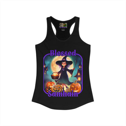 Blessed Samhain Little Witch Purple font Women's Racerback Tank Top by CreepyCrafts.boo