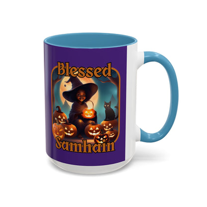 Blessed Samhain Cute Witch Orange font Purple Accent Mug by CreepyCrafts.boo