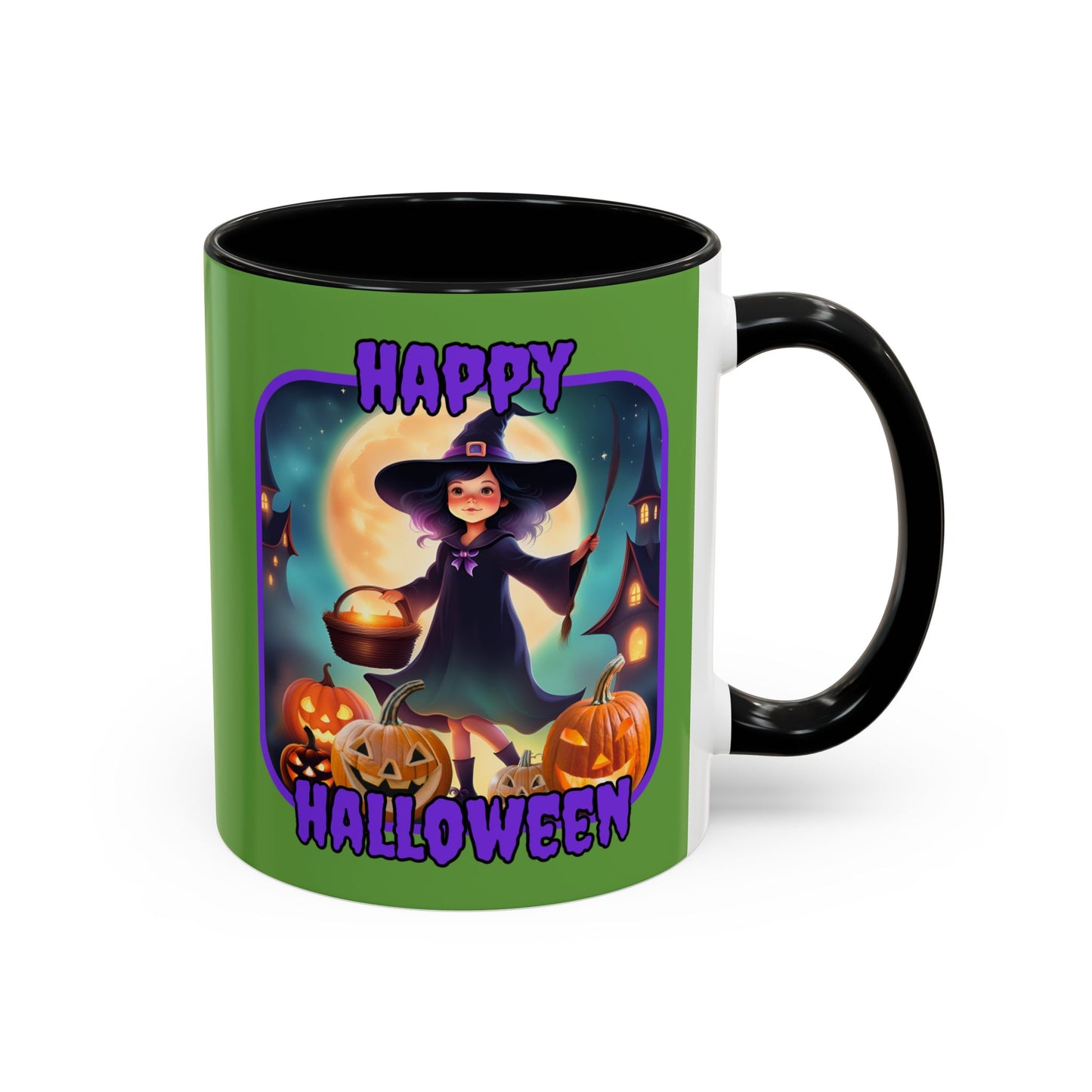 Happy Halloween Little Witch Purple font Green Accent Mug by CreepyCrafts.boo