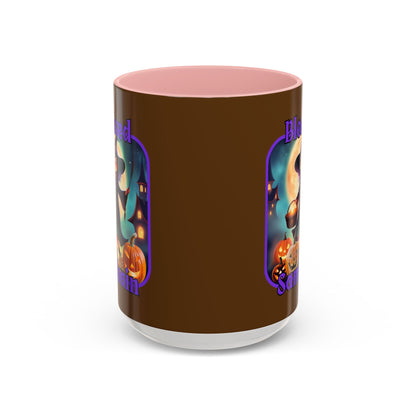 Blessed Samhain Little Witch Purple font Brown Accent Mug by CreepyCrafts.boo