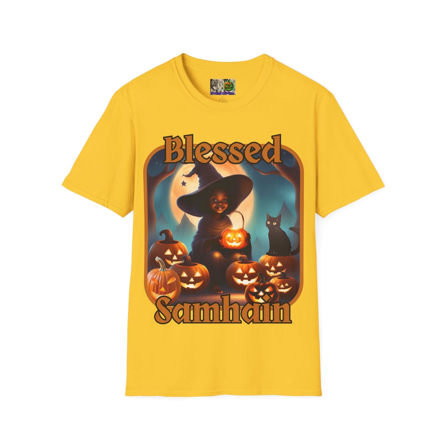 Blessed Samhain Cute Witch Orange font Light colors Unisex T-Shirt by CreepyCrafts.boo