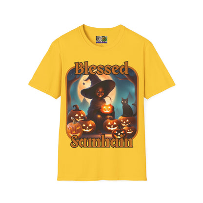 Blessed Samhain Cute Witch Orange font Light colors Unisex T-Shirt by CreepyCrafts.boo