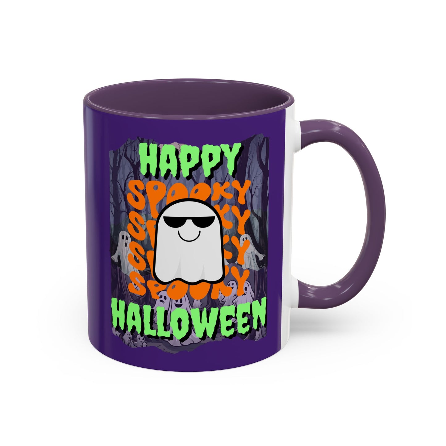 Spooky Happy Halloween Ghost Green font Purple Accent Mug by CreepyCrafts.boo