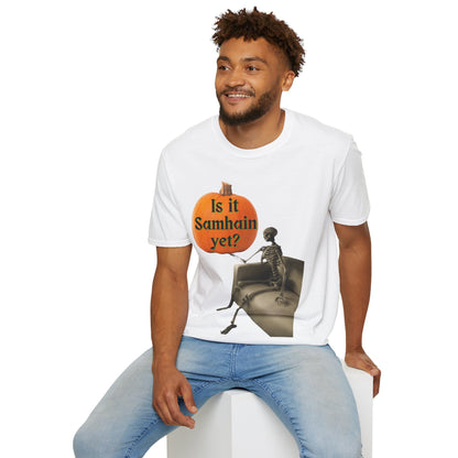 Is it Samhain yet? Skeleton's Pumpkin Light colors Unisex T-Shirt by CreepyCrafts.boo