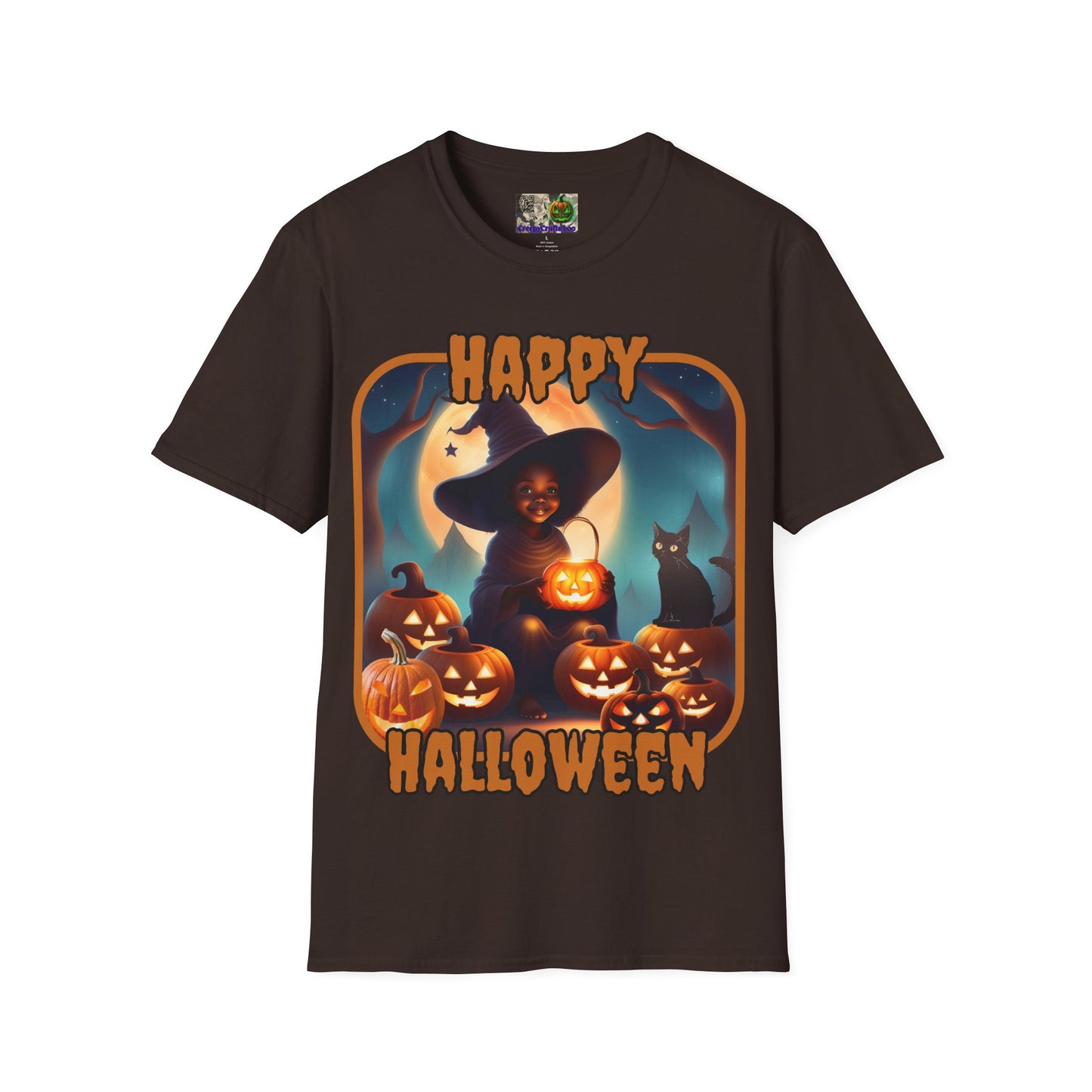 Happy Halloween Cute Witch Orange font, Dark colors, Unisex T-Shirt by CreepyCrafts.boo