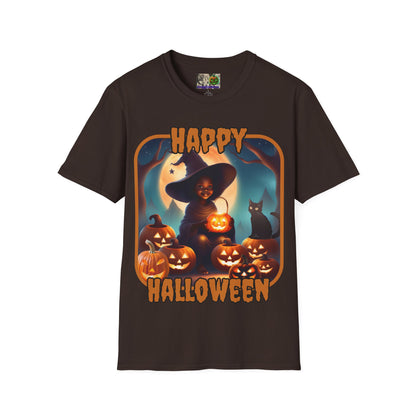 Happy Halloween Cute Witch Orange font, Dark colors, Unisex T-Shirt by CreepyCrafts.boo