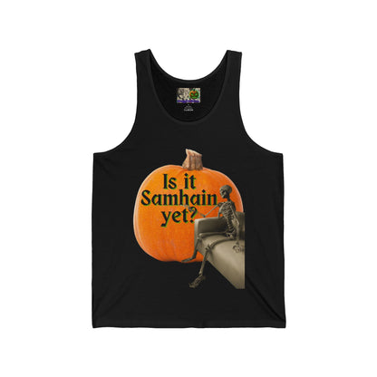 Is It Samhain Yet? Skeleton's Giant Pumpkin Unisex Jersey Tank Top by CreepyCrafts.boo