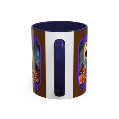 Blessed Samhain Cute Witch Purple font Brown Accent Mug by CreepyCrafts.boo